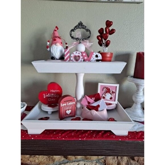Rustic Wood Two Tiered Tray, Rectangle 2 Tier Farmhouse Decor (Rustic White) - Picture 1 of 1